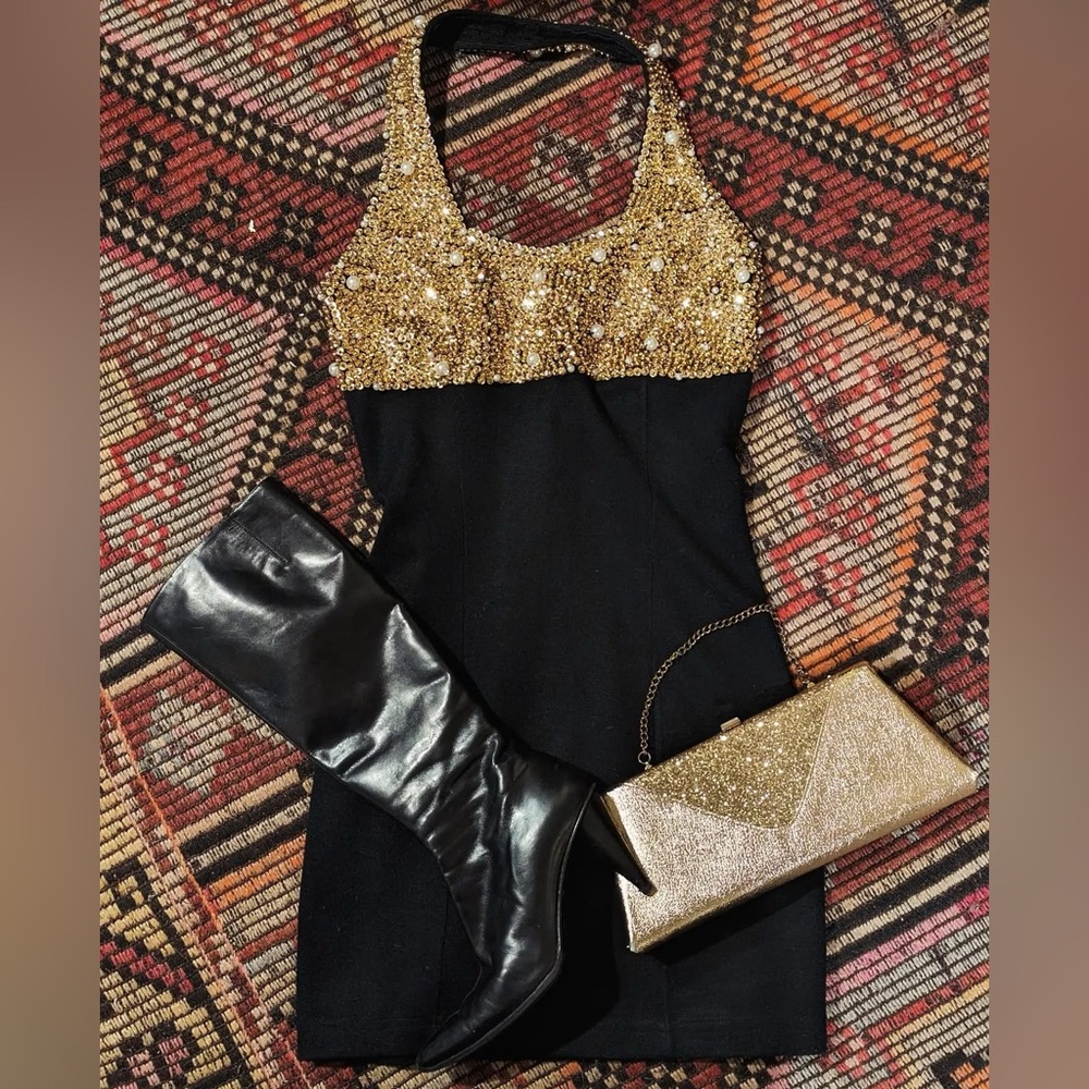 Vintage Rampage Black and Gold Sequin Halter Dress